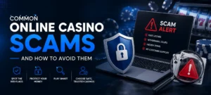 Illustration showing common online casino scams and warning signs to help players identify fraudulent gambling websites and stay safe online.