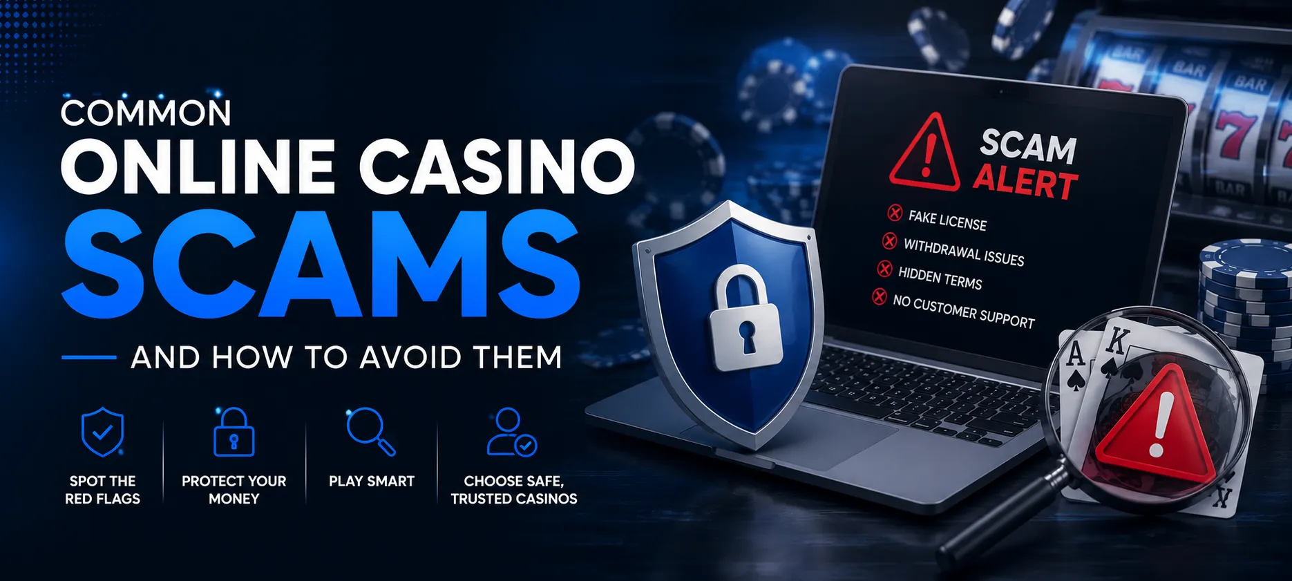 Illustration showing common online casino scams and warning signs to help players identify fraudulent gambling websites and stay safe online.